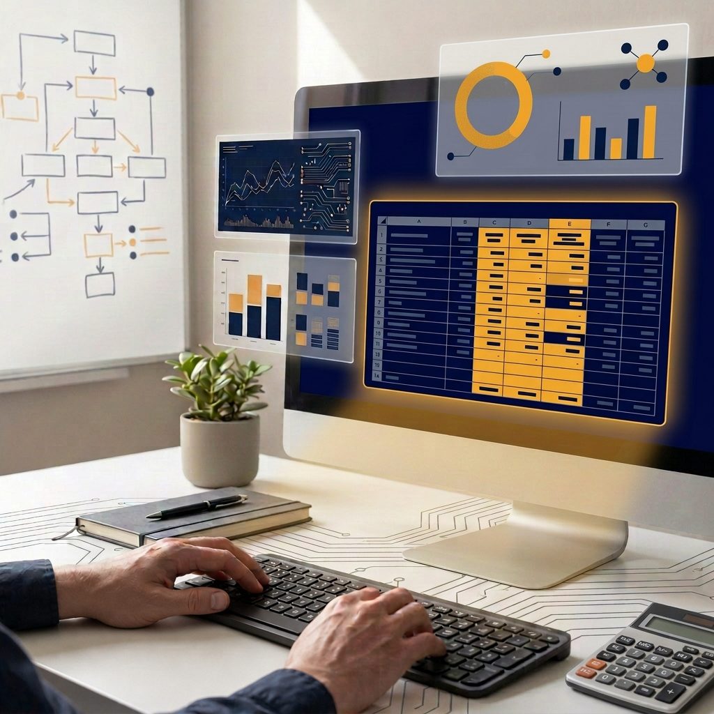 Mesa de trabalho com planilha de cálculos no monitor, gráficos e calculadora