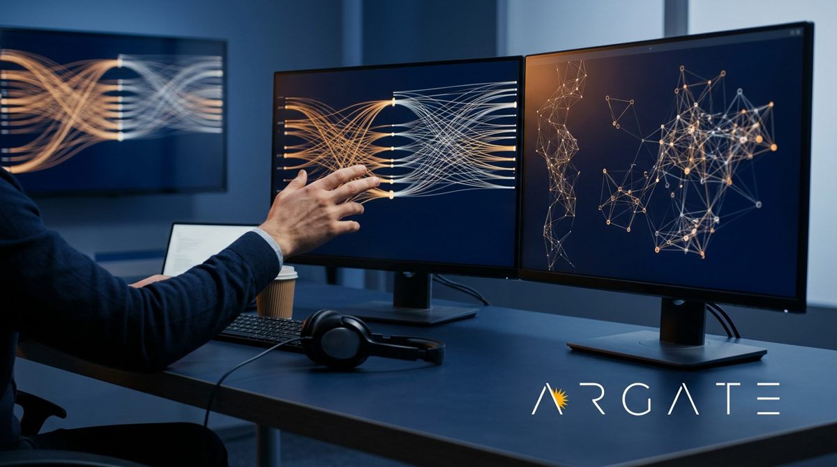 Profissional interagindo com visualizações de redes de dados em monitores, com a marca Argate